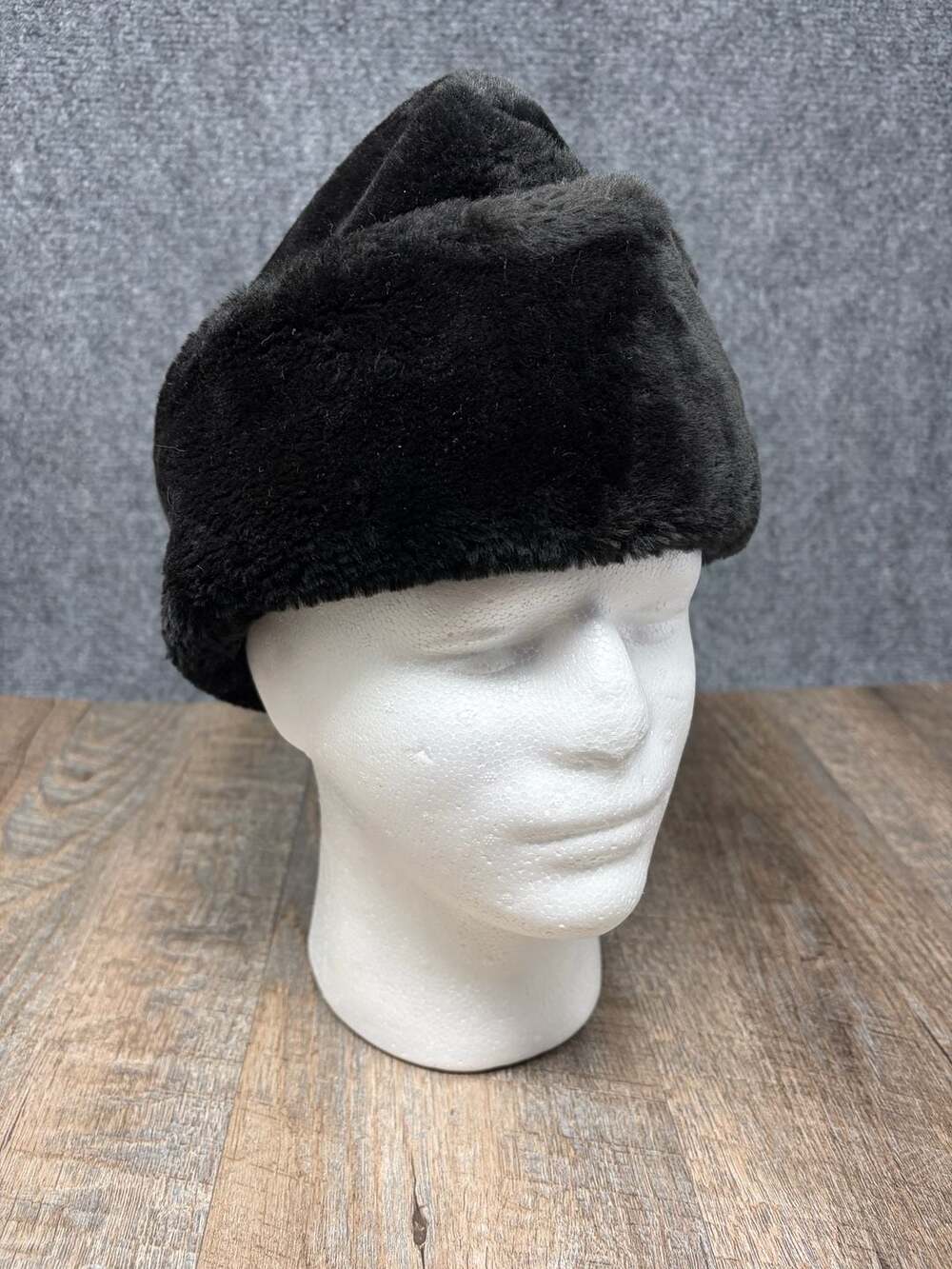 Vintage Faux Fur Cossack Style Winter Hat with Ear Flaps black gold satin lining